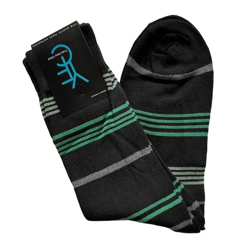 Yves Franc Claire Mens Black Green Striped Crew Socks Size 10-13 Cotton Blend u